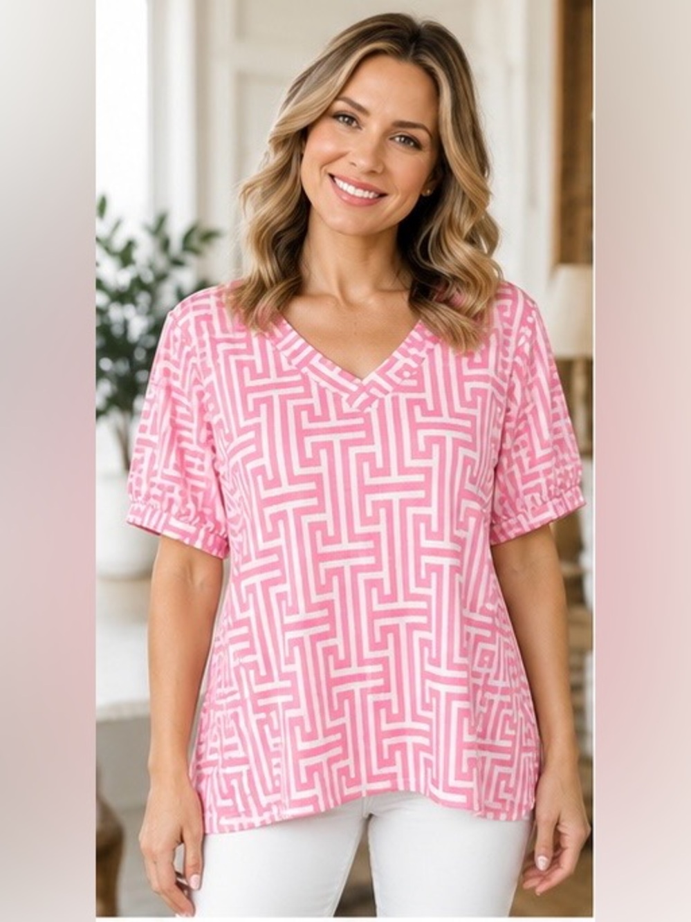 HEIMISH USA Pink & White Geometric V-Neck Short Sleeve Top Super Soft NWOT